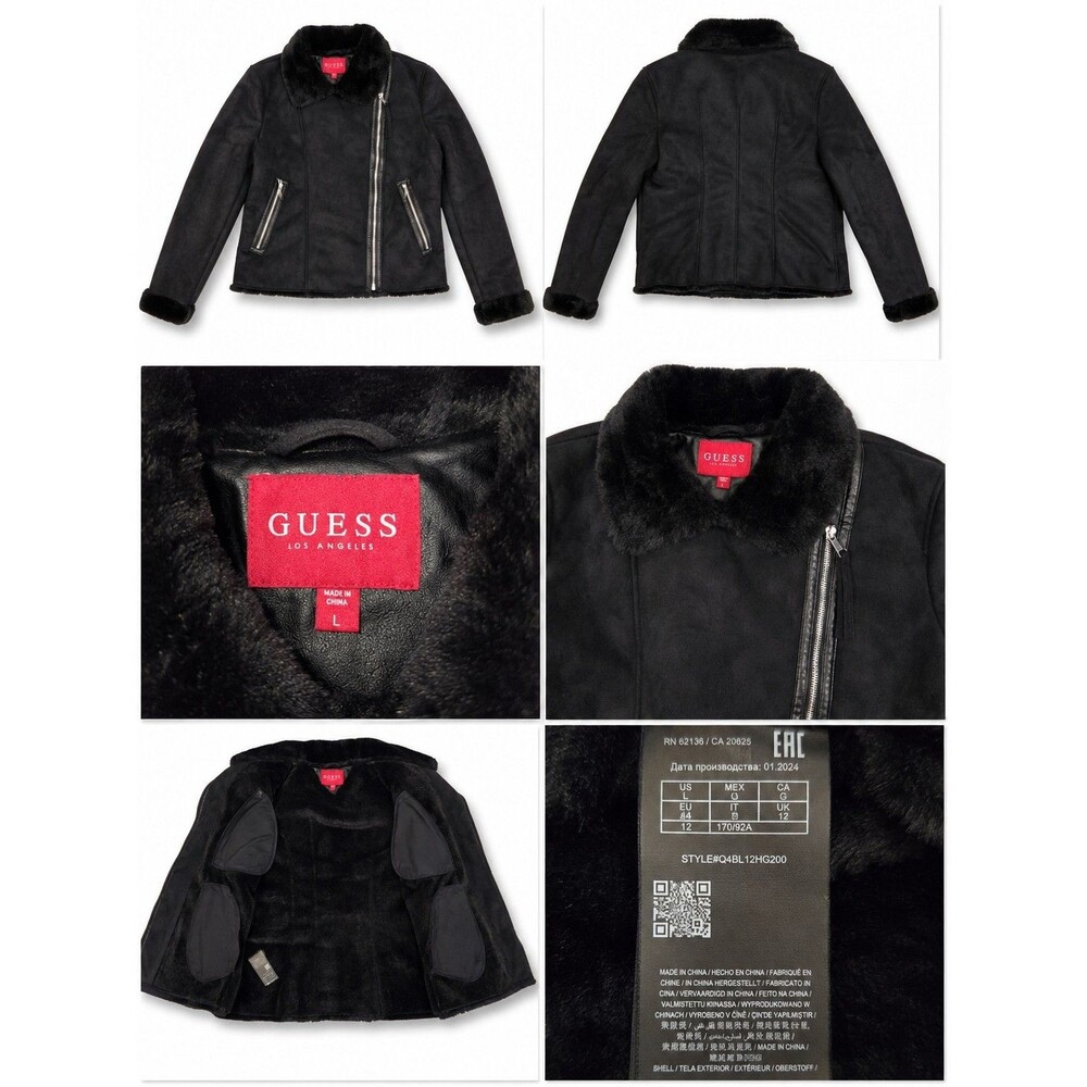GUESS Womens L Black Faux Shearling Moto Jacket Fur Lined Aviator Biker Coat